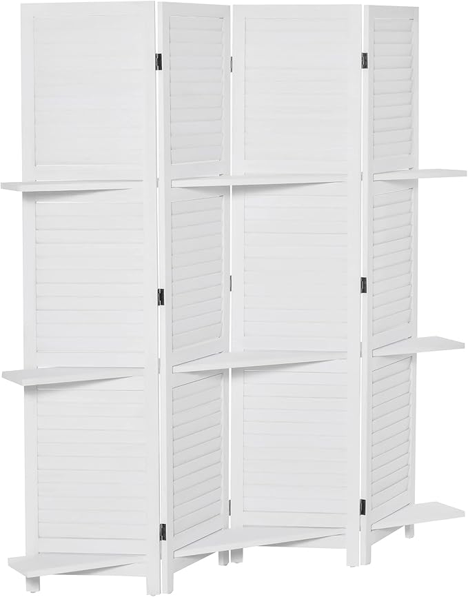 4-Panel Folding Room Divider with Shelves, 67" Tall Freestanding Wood Privacy Screen Panel with 3 Display Shelves and Folding Storage for Bedroom or Home Office, White