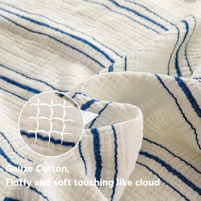 Simple&Opulence Yarn Dyed Striped Cotton Muslin Throw Blanket for Bed, Couch, Knit Woven Blanket with Tassels Soft Lightweight Cozy Pre-Washed Breathable Farmhouse Decoration for All-Season(Blue)