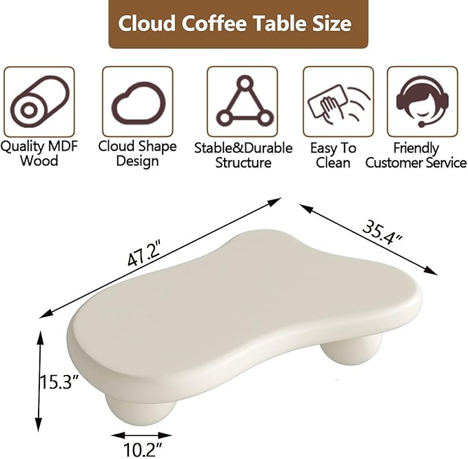 Cloud Coffee Table Modern Cute Coffee Tables Irregular Simple Tea/Center Table for Small Space End Table for Living Room, Home Office, Indoor (Irregular Shape White 47" Wx35.4 Dx15.3 H)