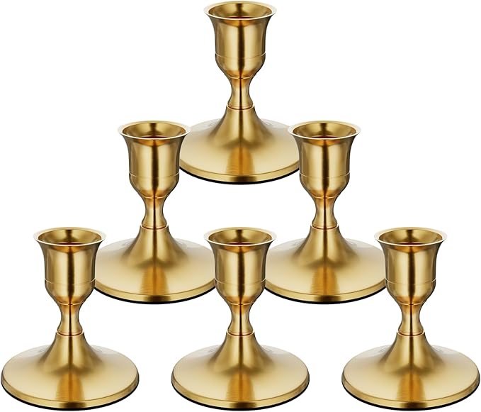 zeochyni Set of 6 Brass Gold Taper Candle Holders, Vintage Metal Candlestick Holders for Dinner Room Table Centerpiece or Mantel Wedding Party Decor