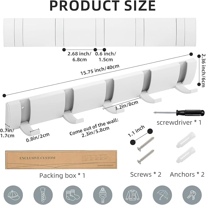 2 Pack Foldable Stylish Modern Hook Rack with 5 Hooks, Coat Hooks Wall Mount, Metal Coat Hook Rail for Coat Hat Towel Purse Robes Mudroom Bathroom Entryway (White)