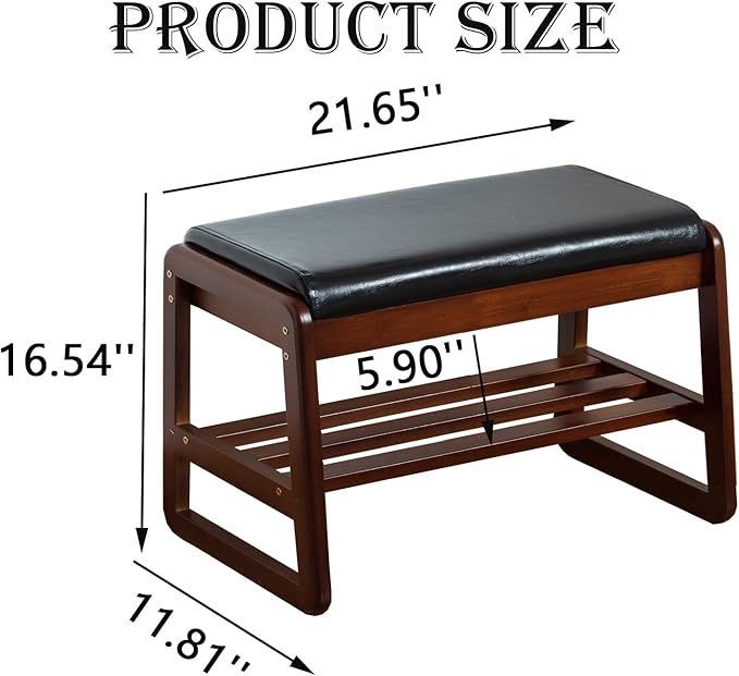 latifolia Solid Wood Bench, Entryway Shoe Bench with Cushion, Flip-Open Storage Compartment, 2-Tier Shoe Organizer(Black,21.65''L)