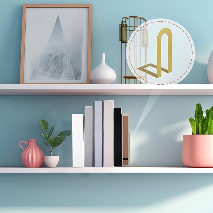 Chunful 24 Pcs Gold Modern Metal Book Ends for Shelves Decorative Small Bookends Book Shelf Organizer Minimalist Design Stopper to Hold Books for Back to School Home Office(5.5 * 3.75 * 2.25 Inch)