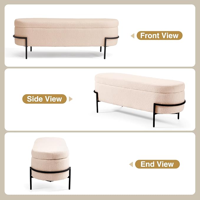 FiveWillowise Sherpa Storage Ottoman Bench for Bedroom, Beige End of Bed Bench with Storage, Upholstered Boucle Storage Bench with Metal Stand and Hinges, Oval Ottoman for Living Room, 52 Inch