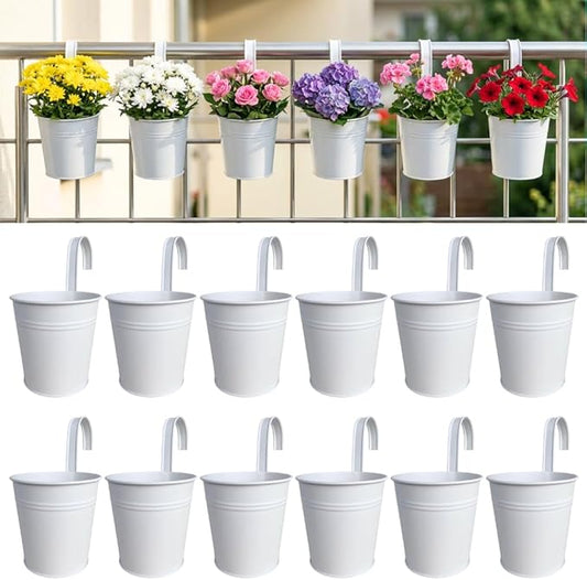 LaLaGreen Rail Planter (6 Inch, 12 Pack) Black Large Metal Hanging Flower Railing Fence Balcony Gardening for Apartment Patio Planters Outdoor Deck Decoration Modern Garden Iron Porch Decor Pots