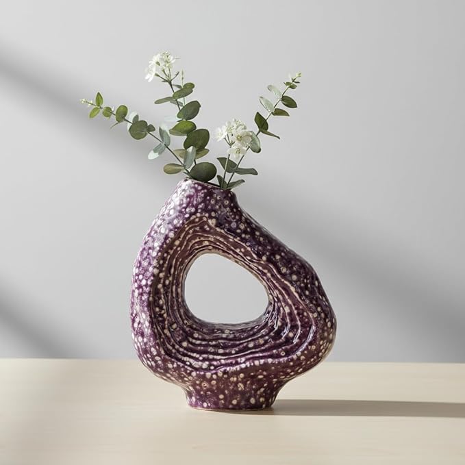 Sunddo Ceramic Flower Vase, 9 Inch Purple Modern Vases for Home Decor, Unique Donut Vase for Living Room, Centerpiece Table, Kitchen, Fireplace, Bookshelf, Shelf Decor