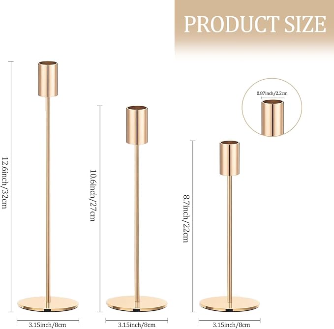 Set of 3 Gold Taper Candle Holders, Metal Gold Candlestick Holders, Tall Candle Holder, Fits 3/4 inch Thick Candle&Led Candles, for Table Centerpiece, Wedding, Dinning, Party Home Decor