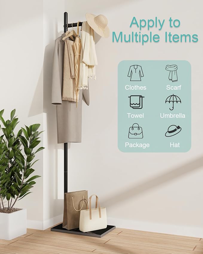 Yawinhe Metal Coat Stand, Coat Rack with Rock Base, L Shaped Freestanding Hall Tree, Clothes Hanger Stand Suitable for Bedroom, Hallway, Entrance,68.5 Inches High,Black