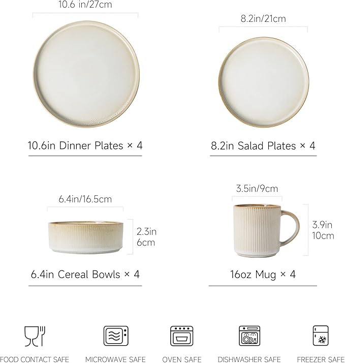 MONITO Ceramic Dinnerware 16 Pieces Dinner Set，10.6in Stoneware Plates and Bowls Sets, Highly Chip and Crack Resistant | Dishwasher & Microwave Dishes set,Gift, Bonbon Beige