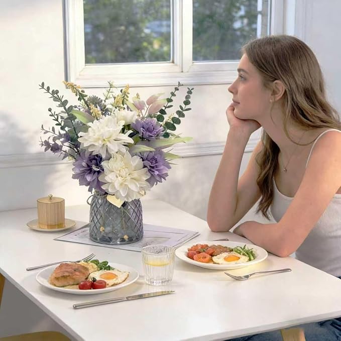 Home Decor Fake Flowers with Vase - Artificial Flowers Fake Plants Bouquet Decoration Realistic Dahlias, Hydrangeas, Eucalyptus Decor Modern Silk Flowers for Dining Table, Kitchen (Purple)