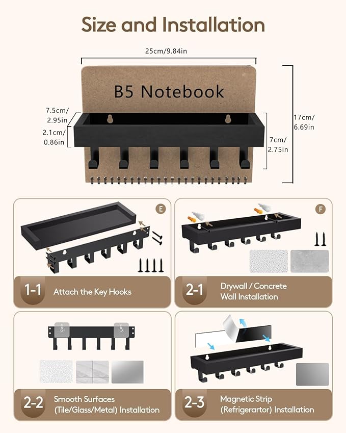 Key Holder Wall Mount Adhesive Magnetic - Hanging Key Hooks with Mail Organizer for Wallet House Accessories - Keys Hanger Rack with Shelf for RV Camper Entryway Door Home Living Room Decor Black