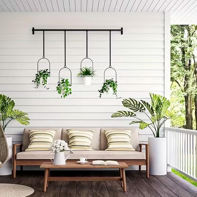 Metal Adjustable Hanging Flower Pots Set with 4 Plastic Pots, Indoor and Outdoor Wall Plant Hanger with Nylon Rope for Windows and Ceiling Herb Garden, 41.4-48 Inches, White and Black