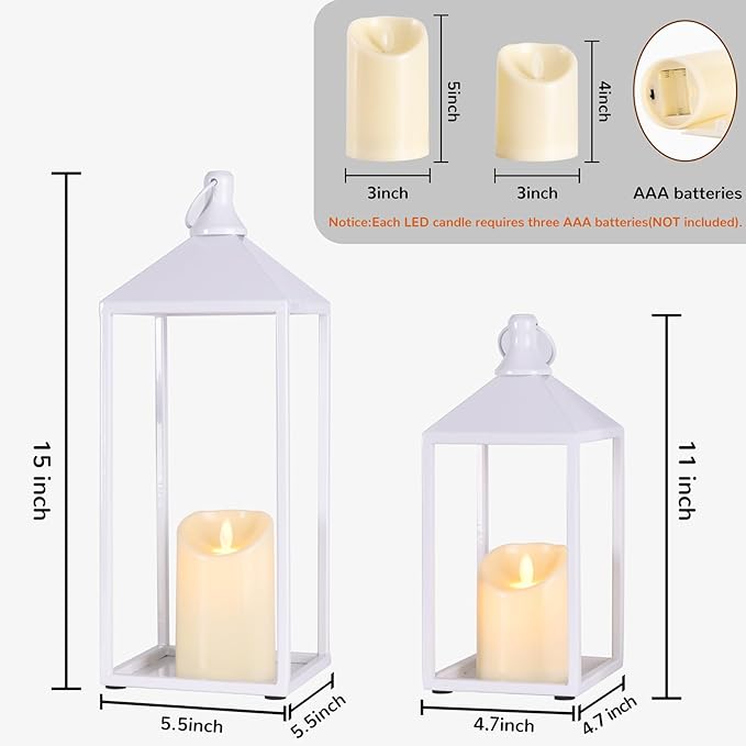 MATAHUM 2pcs Wedding Lanterns Decorative with LED Flameless Candle - White Vintage Farmhouse Metal Decorative Candle Lanterns for Wedding, Fireplace, Table Centerpiece, Indoor, Room, Valentine Decor