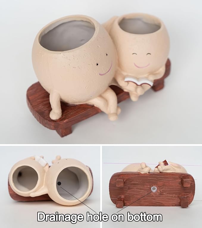 Cute Head Planter with Smiley Face, Double Pots in One, Novelty Plant Face Pot, for Indoor Outdoor Plants,Christmas, (Khaki)