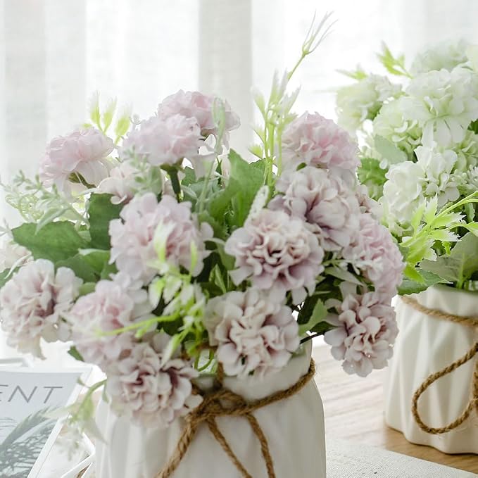 TKAS Fake Flowers Arrangement in Ceramic Vase, Artificial Faux Silk Hydrangea, Small Realistic Dried-Style Floral, Dining Table Centerpiece for Wedding Party Home Decoration (Purple)