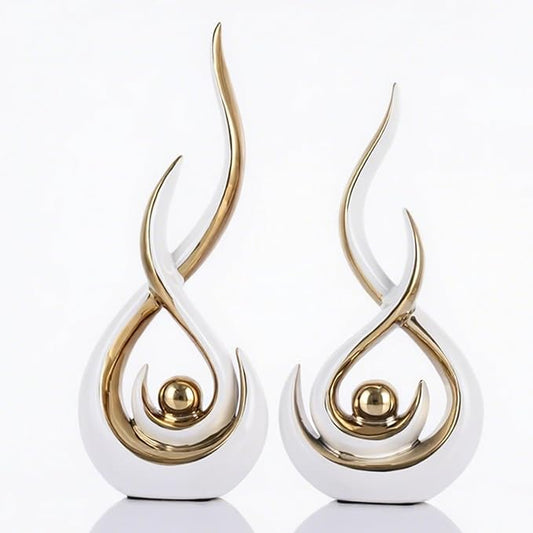 2PCS Abstract Art Ceramic Sculptures, Modern Decor Figurines for Living Room Decorative Objects, Sculptures Home Decor Set for Table, TV Stand, Entryway, Bookshelf Display (White Gold)