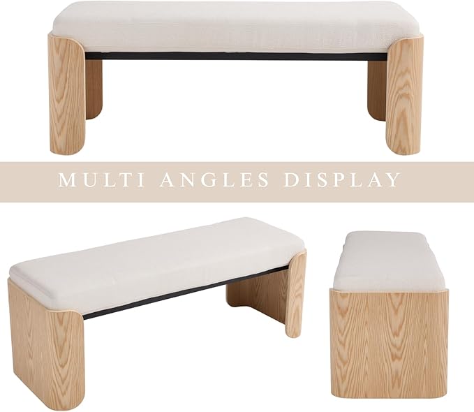 DUOMAY Modern White Chenille Bedroom Bench, 49" Wide Long Entryway Bench with Solid Wood Legs Upholstered Dining Bench Ottoman for Living Room Indoor