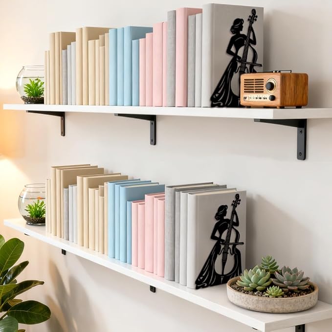Peacoblue Metal Bookends for Shelves, Modern Decorative Heavy Duty Study Book Ends Stoppers for Office, Desk, Shelf, Room 5.3"x4.3"x7.9" Cast Iron Simple Tall Bookends 1 Pair (Cellist Playing Cello)