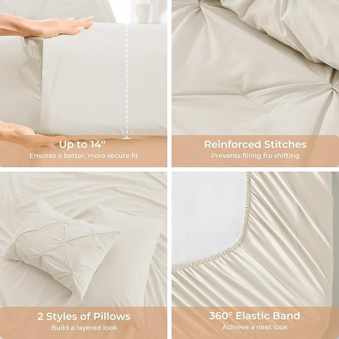 Sasttie Queen Comforter Set, 7-Piece Bed in a Bag, Pintuck Bedding Sets for All Season, Includes Comforter, Flat Sheet, Fitted Sheet, Pillowcases and Pillowshams, Beige