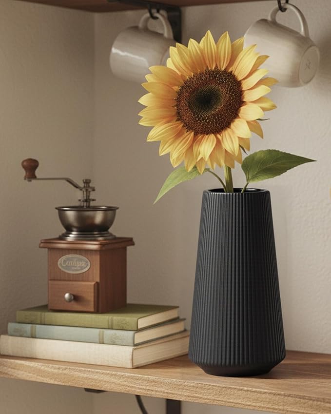 Black Modern Vase, 8 Inch Ceramic Small Ribbed Textured Flower Vase for Pampas Grass & Dried Flowers - Minimalist Home Decor, Watertight, Non-Slip Base