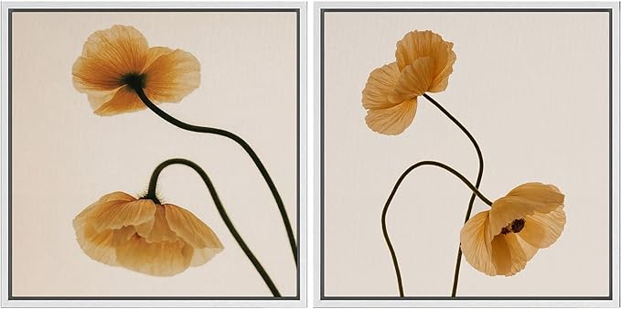 SIGNFORD Framed Canvas Print Wall Art Set Minimal Floral Poppy Soft Beige Botanical Modern Art Relax/Calm for Living Room, Bedroom, Office - 16"x16"x2 WHITE