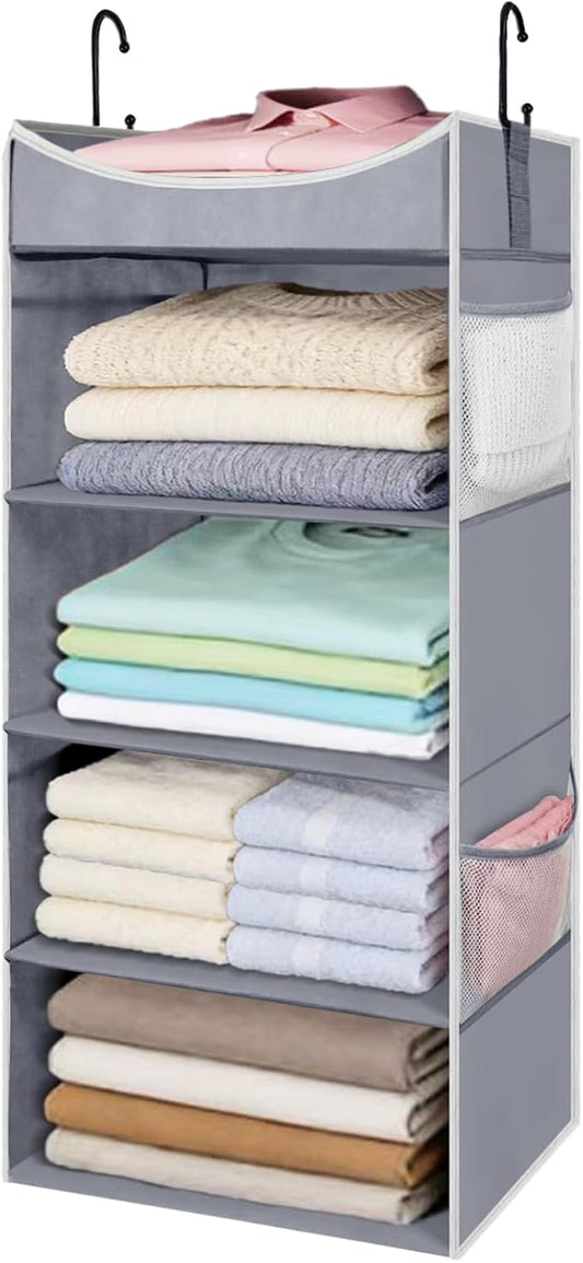 4-Shelf Hanging Closet Organizer and Storage with 4 Side Pockets, Collapsible Closet Hanging Shelves for Storage, Grey