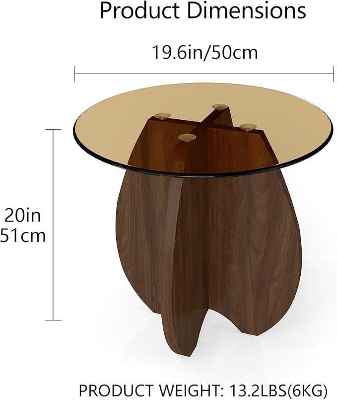 MDF Frame Side Table with Brown Tempered Glass Top, Mortise and Tenon Joint Design, No Screw Easy Assembly, Sturdy End Table for Living Room, Bedroom (Shell-Brown)