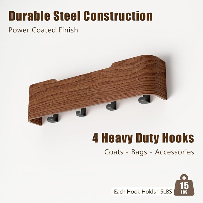 Coat Rack Wall Mount with Hidden Hooks, Wall Hooks with Shelf, Wall Key Holder Mount Wooden Shelf Entryway Hooks for Bedroom Bathroom for Hanging Coats Hats Bags Towels (Walnut, 4 Hooks)