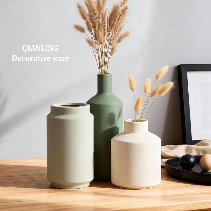 Ceramic Vase Set of 3 - Modern Neutral Vases Home Decor, Minimalism Decorative Vases, Boho Decor Small Flower Vase for Shelf, Dining Table Entryway Mantel Centerpiece Bookshelf Living Room Bathroom