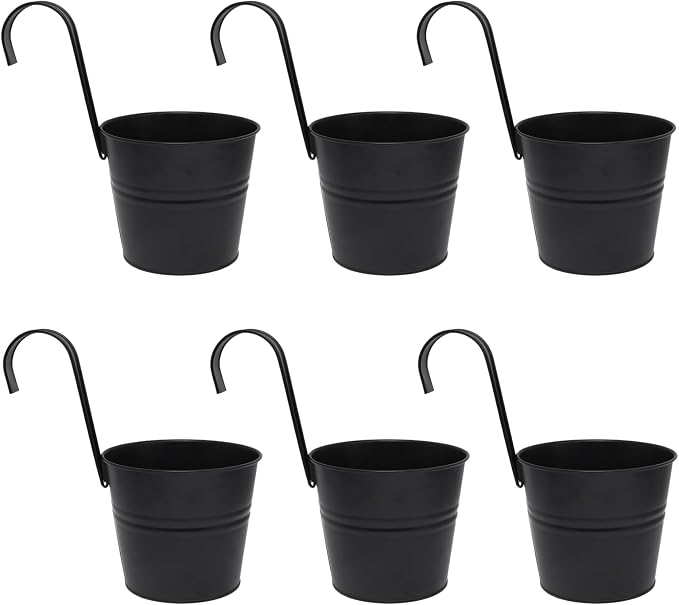 6 Pcs Hanging Flower Pots with Detachable Hooks,Metal Iron Bucket Planter for Railing,Fence,Balcony Garden Decor,6INCH,Black