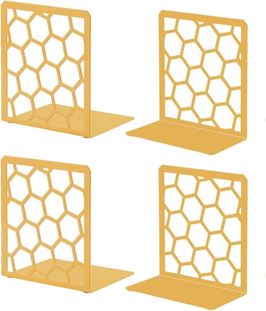 Gold Geometric Honeycomb Metal Bookends - Book Ends for Shelves - Decorative Modern Heavy Duty Bookend Stopper - Book Ends for Heavy Books - Home Office Book Holder - 2 Pair, 6x3.25x6.25 in