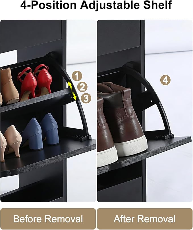 Shoe Cabinet Organizer with 2 Flip Drawers, Freestanding Narrow Rack with Adjustable & Removable Shelves, Slim Shoe Storage for Entryway, Foyer, Hallway, Black