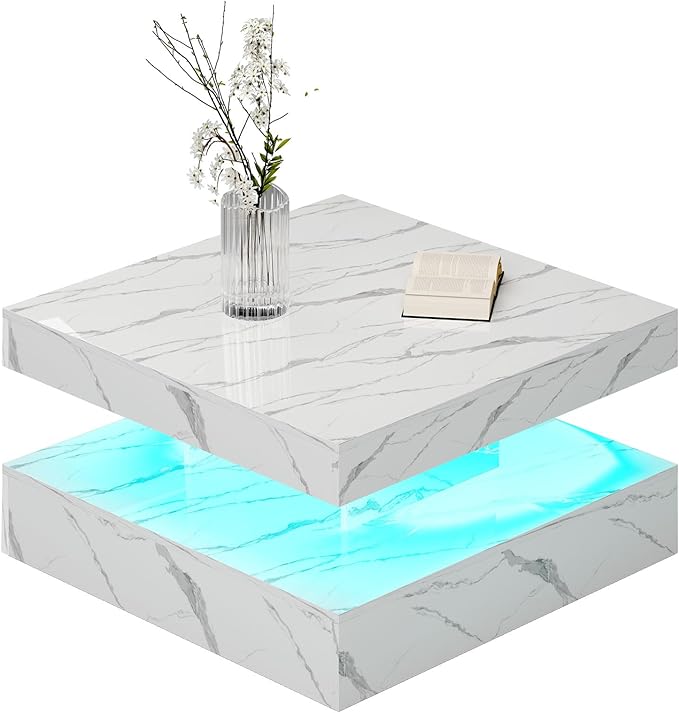 HedoAjim White Marble LED Coffee Table for Living Room, Living Room Table 2-Tier Square Middle Center Table, Modern Coffee Tables with Storage, Contemporary Wood Tea Tables for Dining Reception