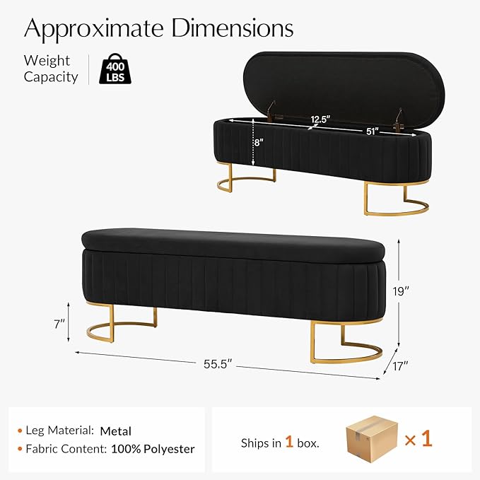 55.5" Velvet Upholstered Storage Bench with Channel Tufted Seat and Metal Legs, Multi-Functional Ottoman with Interior Organizer Pockets for Bedroom and Entryway, Flipping Lid Large Window Bench