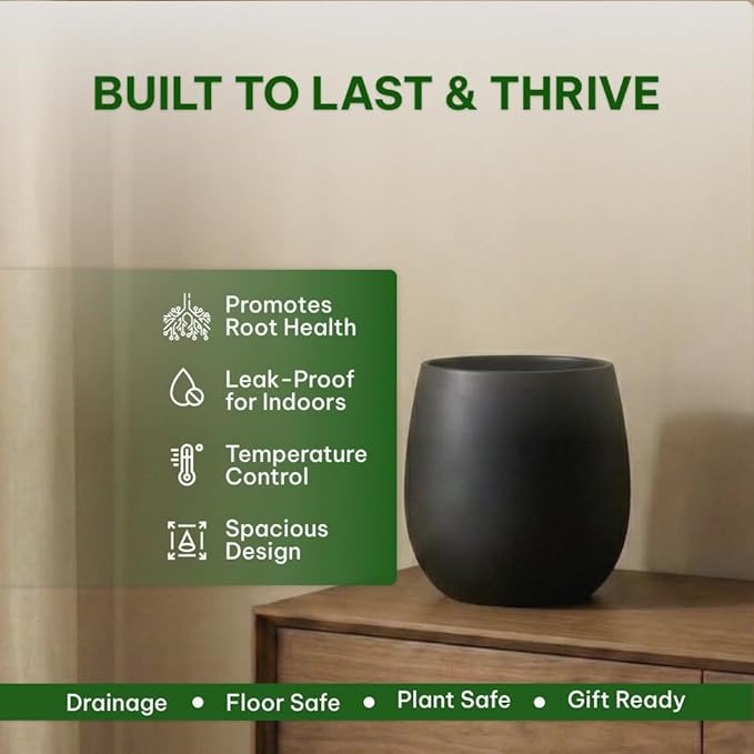 Wil & Vic 89s 11.8'' H x 11" Dia (9.4" Pot Opening) Venus Fiberglass Planter, Round Indoor and Outdoor Plant Pot with Drainage Hole, Lightweight, Durable Minimalist Home Decor, Black