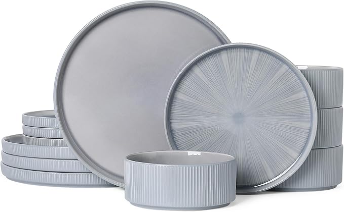 Dinnerware Sets for 4, Ceramic Plates and Bowls Set 12 Piece Dinnerware Chip Resistant Stoneware with Advanced Inkjet Printing Technology, Dishwasher and Microwave Safe-Smoky Blue