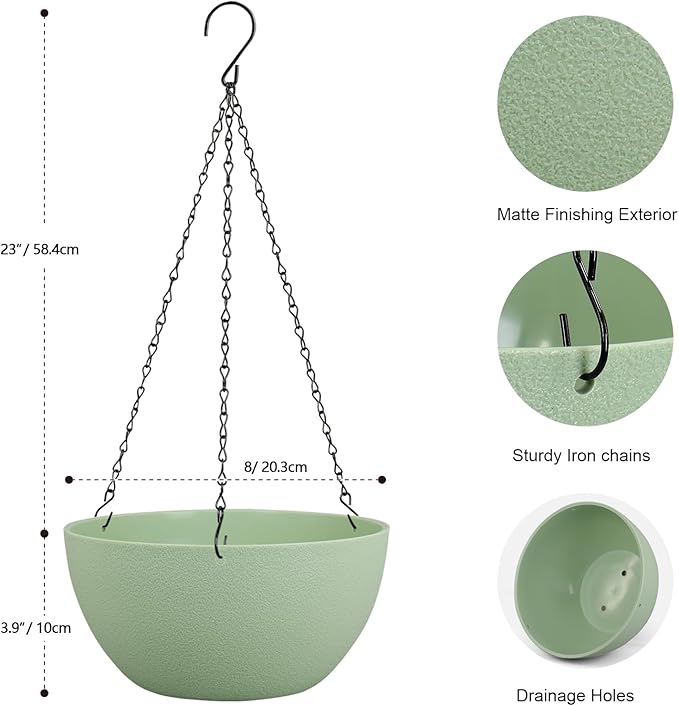 Meowell 8 inch Small Hanging Planters Plant Pots for Indoor Outdoor Plants, 2 Pack Hanging Flower Pots with Drainage Holes and Chain for Garden Porch, Plastic Hanging Baskets for House Plants, Green