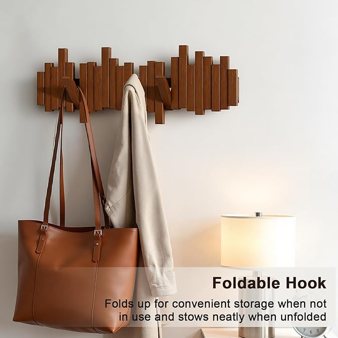 Modern Wooden Coat Rack, key holder wall mount– Handmade Solid Walnut Flip Hook Rack with Hidden Mount, Decorative Entryway Wall Hooks for Coats, Bags & Hats, Space-Saving Design (Black,4Hooks)