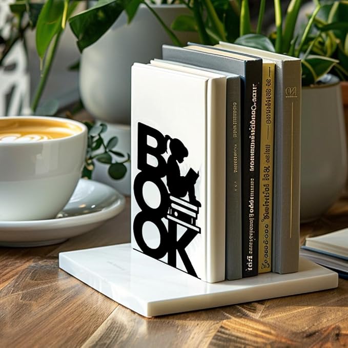 Peacoblue Metal Bookends for Shelves, Modern Decorative Heavy Duty Study Book Support Stoppers for Office, Desk, Shelf, Room 5.3"x4.3"x7.9" Cast Iron Simple Bookends, 1 Pair (Book and Reading Girl)