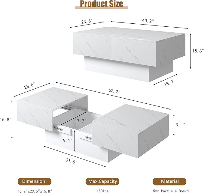 Marble Modern Coffee Table with Storage for Living Room, Living Room Table Rectangular Center Tables, Sliding Top with Hidden Storage, Wooden Cocktail Table for Dining Reception Room
