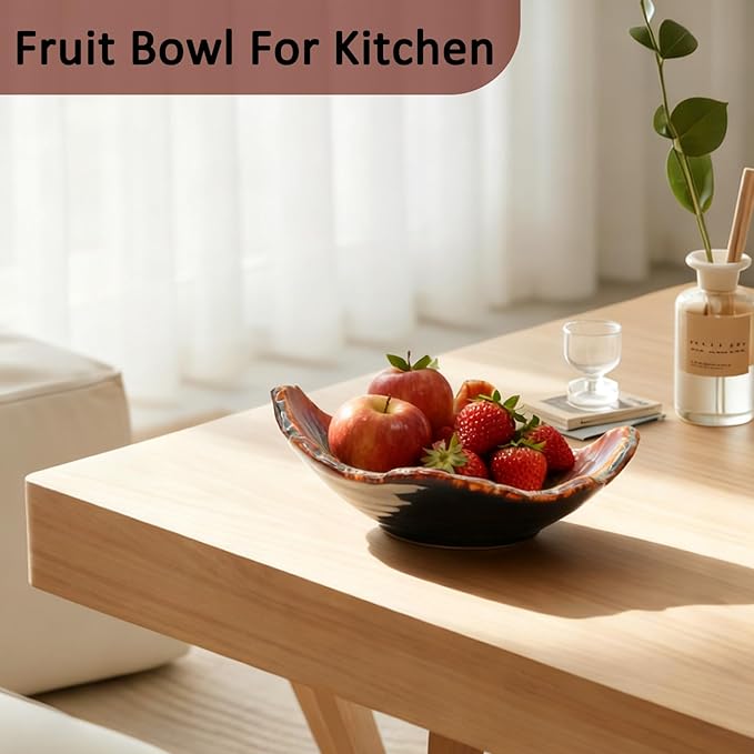 8" Ceramic Decorative Bowl，Irregular Rim Reactive Glaze Key Bowl For Entryway Table，Handcrafted Purse Catch All Bowls，Japanese Style Fruit Bowls For Tabletop or Home Decor