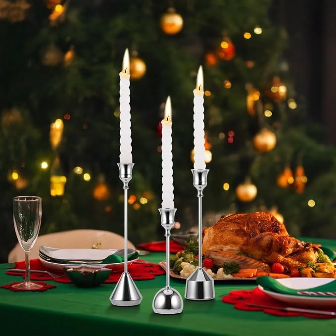 Elegant Vintage Silver Candlestick Holders, Set of 3 Taper Candle Holders with Weighted Base for Wedding, Dining Table, Holiday Decor