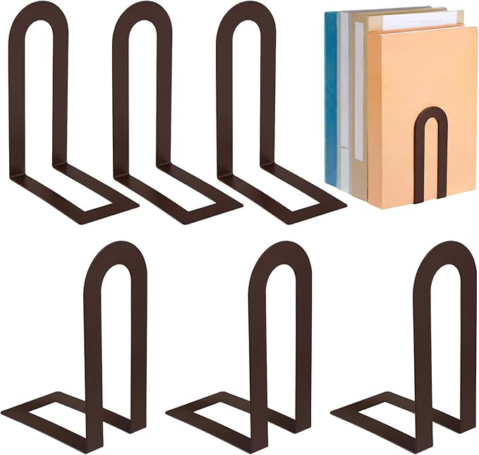 Chunful 6 Pcs Bronze Book Ends for Shelves Modern Metal Decorative Small Bookends Book Shelf Organizer Minimalist Design Stopper to Hold Books for Home Office (5.5 * 3.75 * 2.25inch)