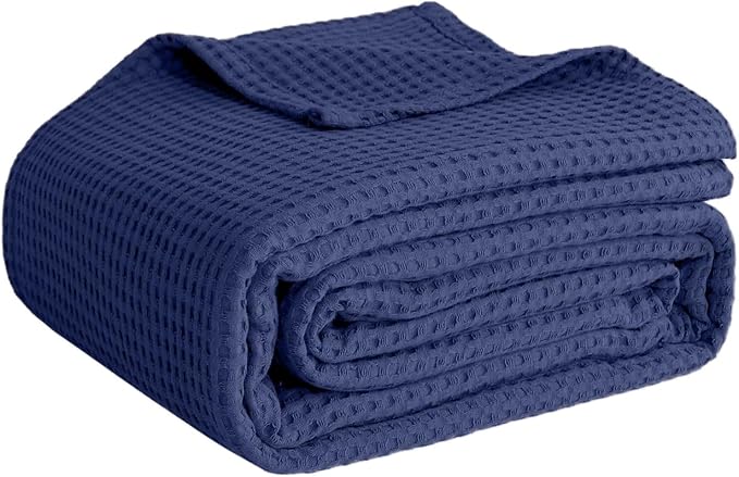 100% Cotton Blankets for Bed - Waffle Weave Blankets for Summer, Lightweight and Breathable Soft Woven Blanket for Spring (Navy, King (90" x 108"))
