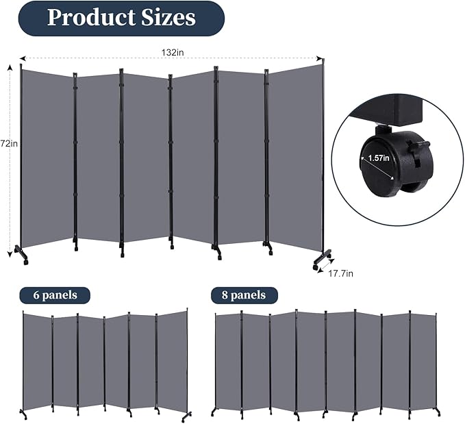 Room Divider Folding Privacy Screens with Lockable Wheels, 132'' Fabric Partition Room Dividers Freestanding Room Divider Panel for Room Separation, Wall Divider for Home Office Bedroom Studio Decor