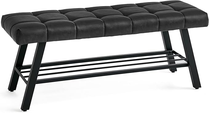 LUE BONA 45" Entryway Bench with Storage Shelf, End of Bed Bench with Tufted Faux Leather Seat, Bedroom Bench with Metal Frame, 330 LBS Capacity for Entryway, Living Room, Hallway, Black