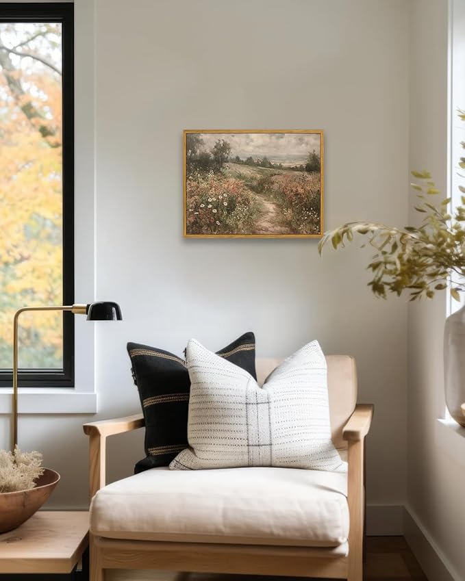 KBKBART Framed Canvas Wall Art for Living Room, Vintage Countryside Wildflower Field Painting Farmhouse Decor, Retro Nature Wilderness Canvas Art Prints, Rustic Landscape Wall Decor for Bathroom, Bedroom Living Room, Vintage Art Wall Decor(12"x16")
