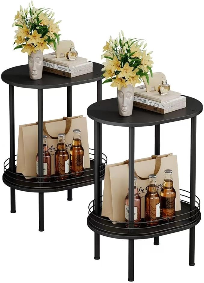 Nightstand Set of 2,Small Modern Round Side Table with Storage,2-Tier End Table for Small Space -Living Room,Bedroom, Nursery (2PC,Black)