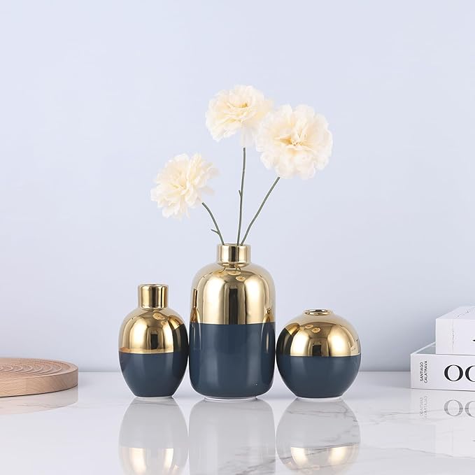 Blue & Gold Ceramic Vase Set of 3, Modern Round Circle Electroplated Two-Tone Decorative Vases for Pampas Grass, Dining Table Wedding Centerpiece, Living Room Bedroom Office Bookshelf