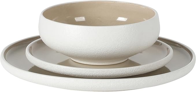 Gibson Elite Pacifco Beach Plates and Bowls Sets, 12-Piece Stoneware Dinnerware Sets, Reactive Glaze Dish Set - Taupe